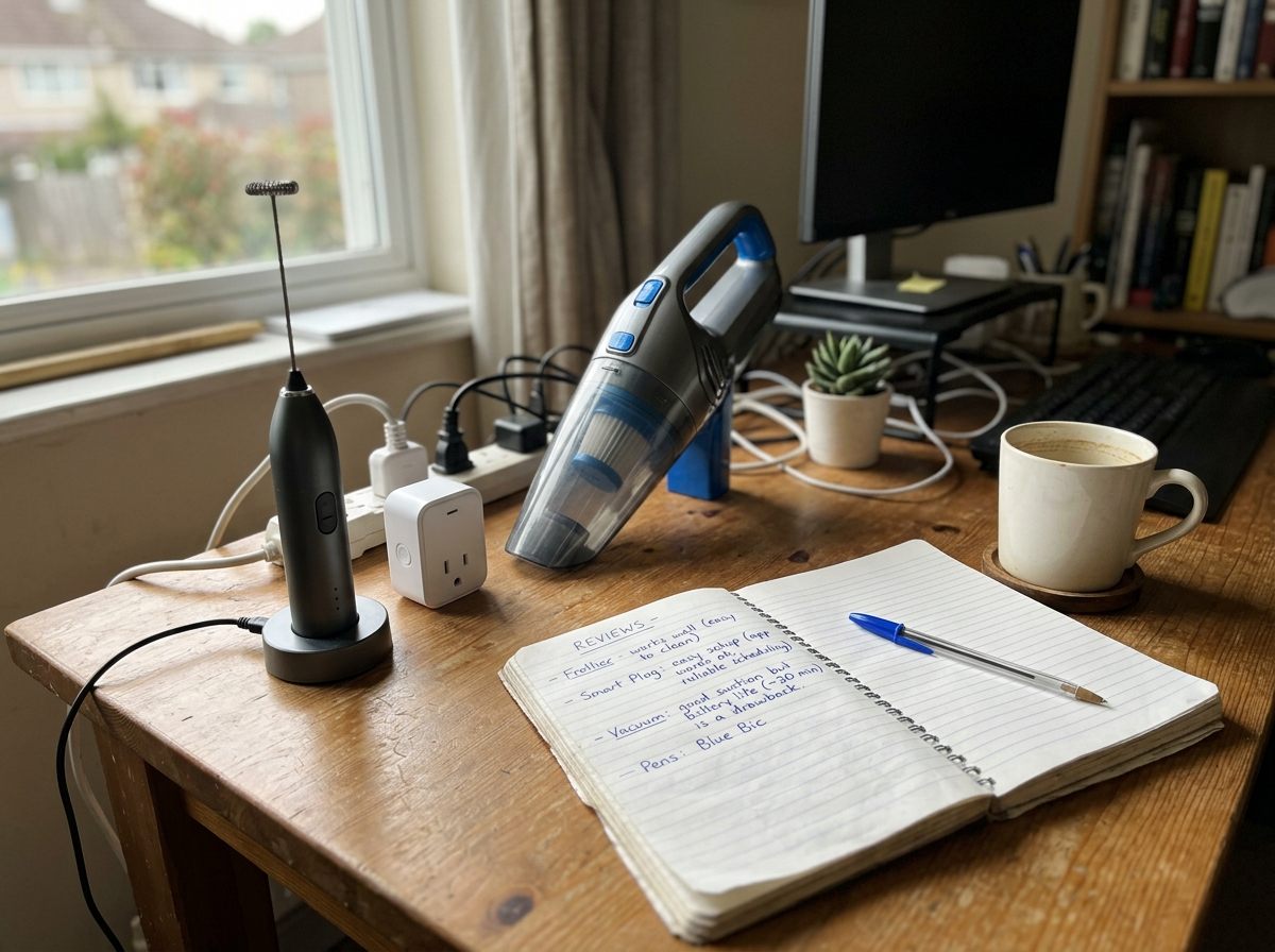 A home workspace with a few tested consumer products, a notebook, and a coffee mug after a day of reviewing