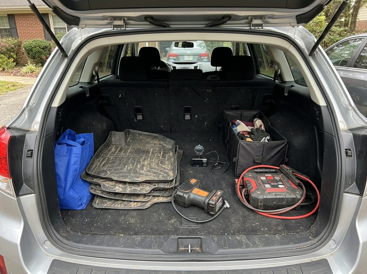 Car accessories laid out in an open trunk: a tire inflator, a dash cam, floor mats, and a jump starter