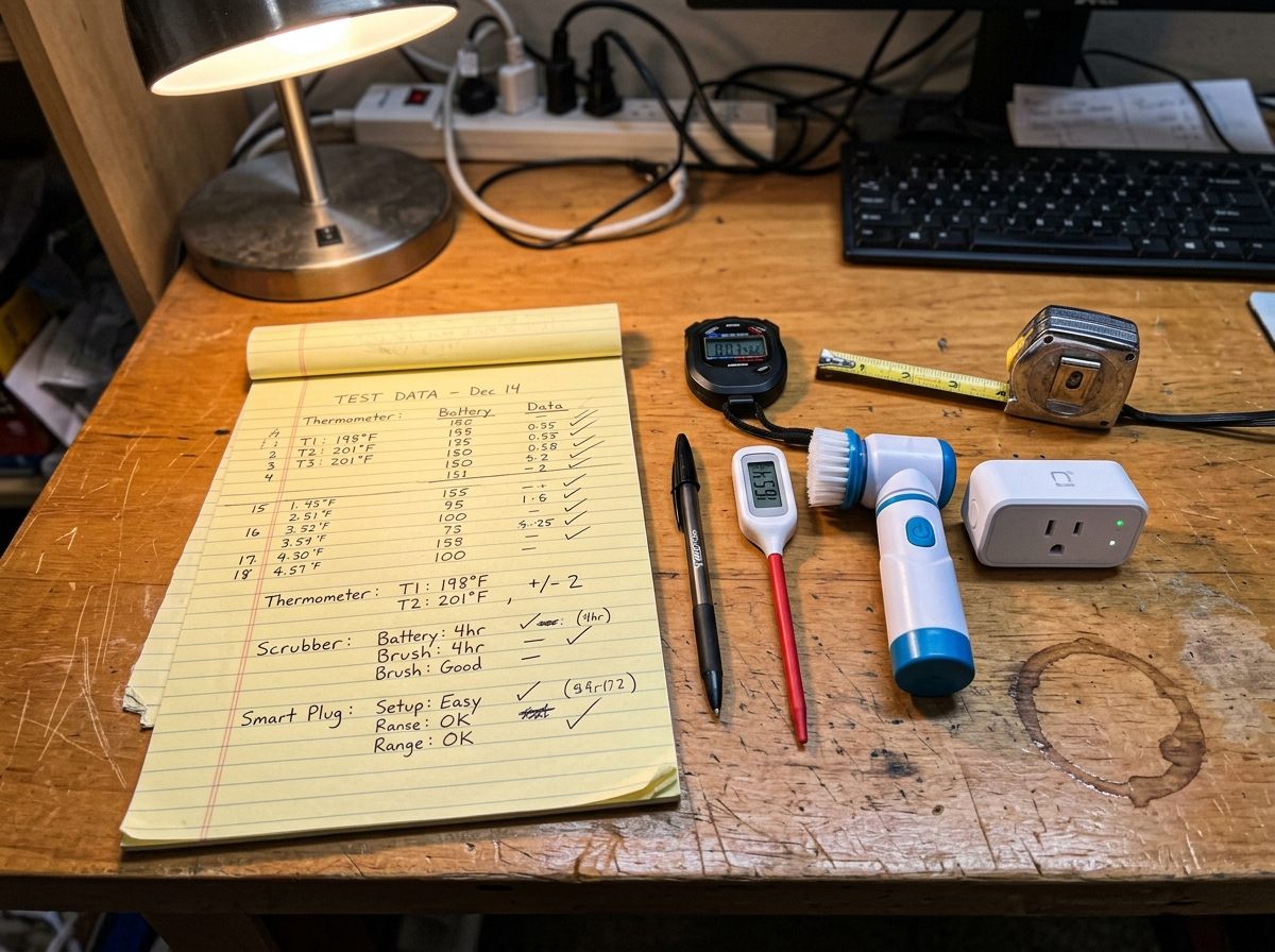 A testing bench with a notepad of handwritten notes, a stopwatch, and several products lined up