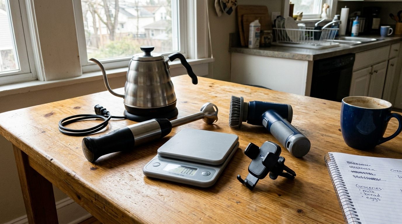 An assortment of everyday consumer products laid out on a kitchen table beside a notebook and a coffee mug